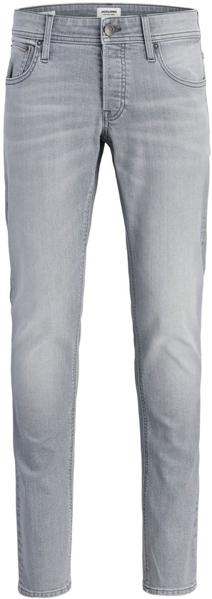 Voorkant van een lichtgrijze slim fit jeans, met label van Jack & Jones.