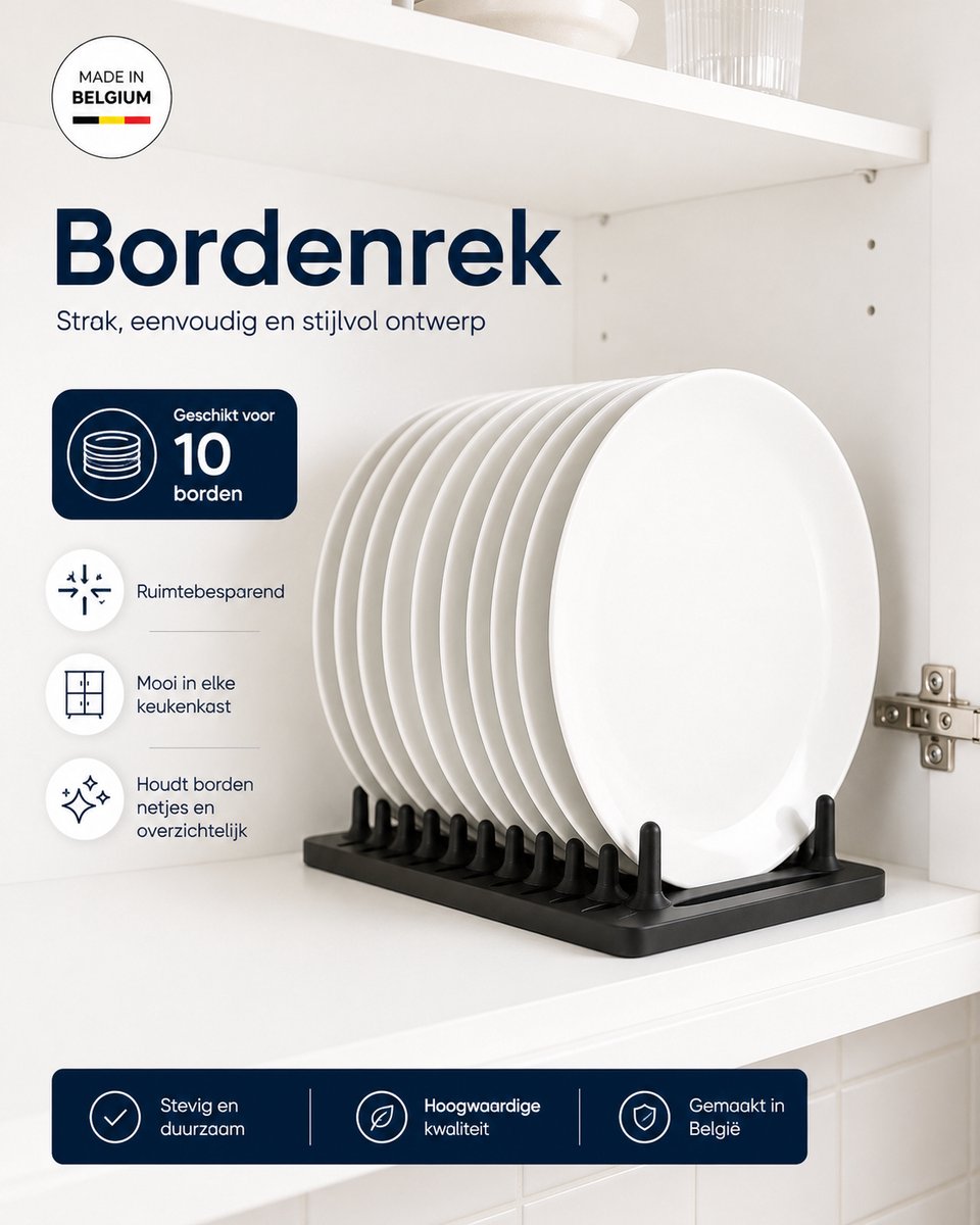 Skushy Bordenrek voor 10 Borden – Zwarte Bordenhouder & Verticale Servies Organizer voor Keukenkast, Aanrecht en Droogrek – Ruimtebesparende Keuken Organizer voor Dinerborden, Ontbijtborden & Servies – Zwart