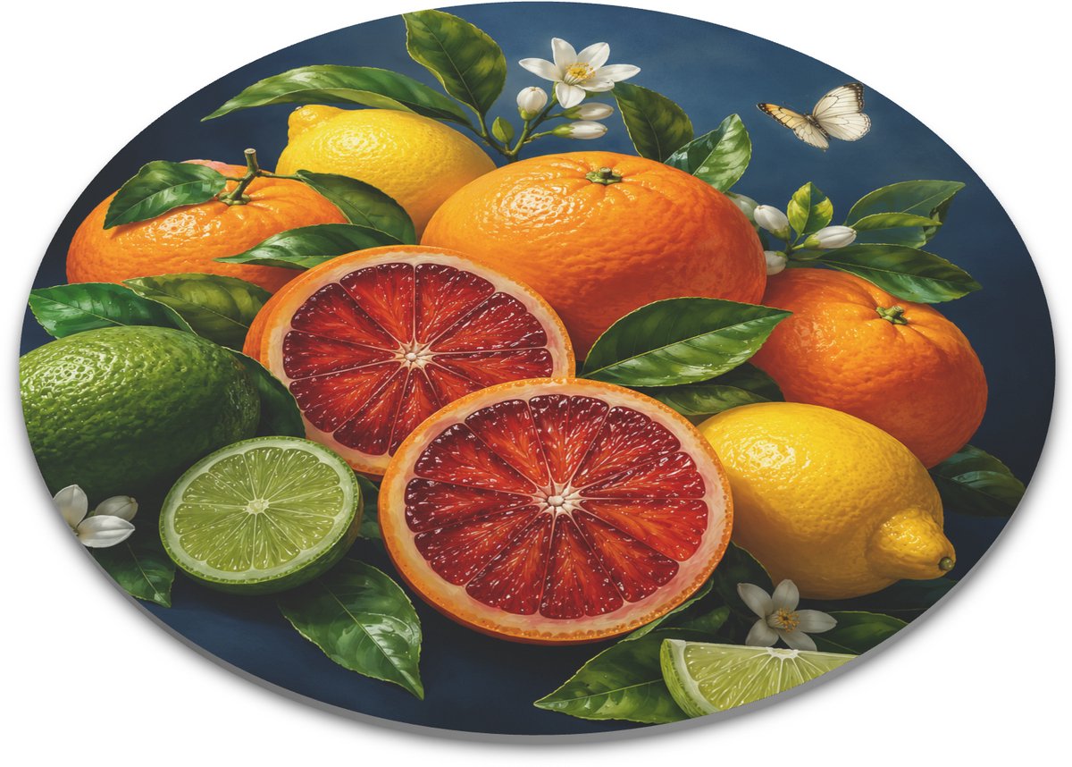Ronde muismat met fris citrusstilleven - Sinaasappels, citroenen en bloesem