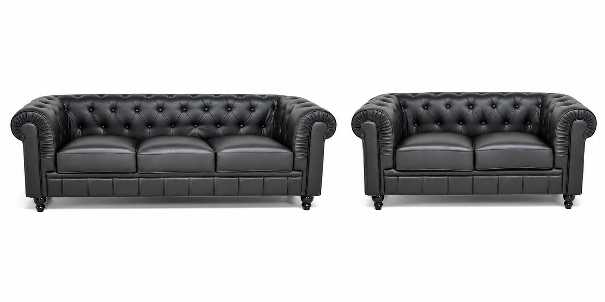 Chesterfield Banken Set - Leder - 2 & 3 Zits - Zwart - Design