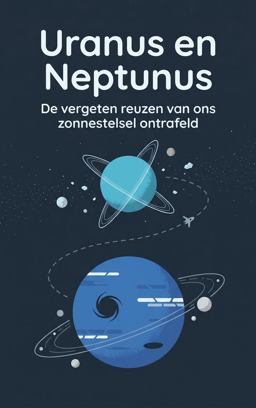 Boekomslag "Uranus en Neptunus" met illustraties van de planeten Uranus en Neptunus, sterren en een ruimteveer.