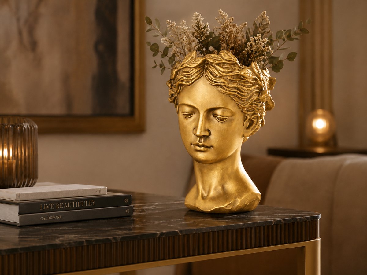 Goudkleurig Decoratief Beeld Vrouwenhoofd met Bladeren – Grote Buste Vaas / Bloempot – Luxe Plantenhouder & Sierobject – Klassiek Ornament voor Woonkamer, Dressoir, Hal of Sidetable – Gouden Woondecoratie – 21x32x20 cm