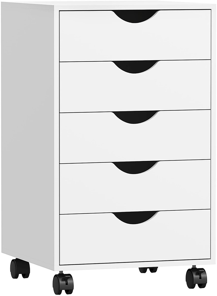 Bresht ladekast - Ladenkastje - Ladekast wit - 5 lades - Op wielen - Met remmen - Extra stabiliteit - Wit - 40 x 40 x 67 cm