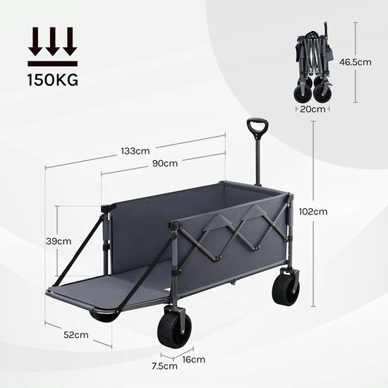 RosaBloom opvouwbare bolderkar - Bolderwagen - Tuinwagen - Transportkar - Uitbreidbare achterklep - 200L - 90x52x102 cm - Grijs — afbeelding 3
