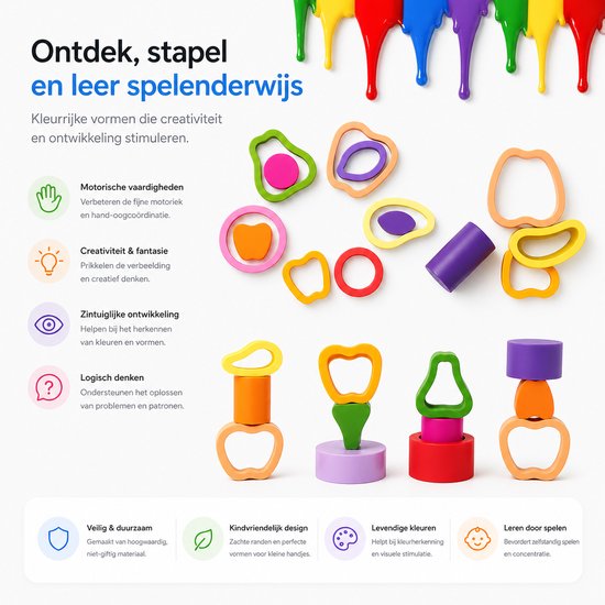 Tolvia Montessori Houten Stapelspeelgoed - Fruit Stapel Puzzle voor Peuters - Educatief Speelgoed 2-3 Jaar - Fijne Motoriek & Kleuren Herkennen — afbeelding 2