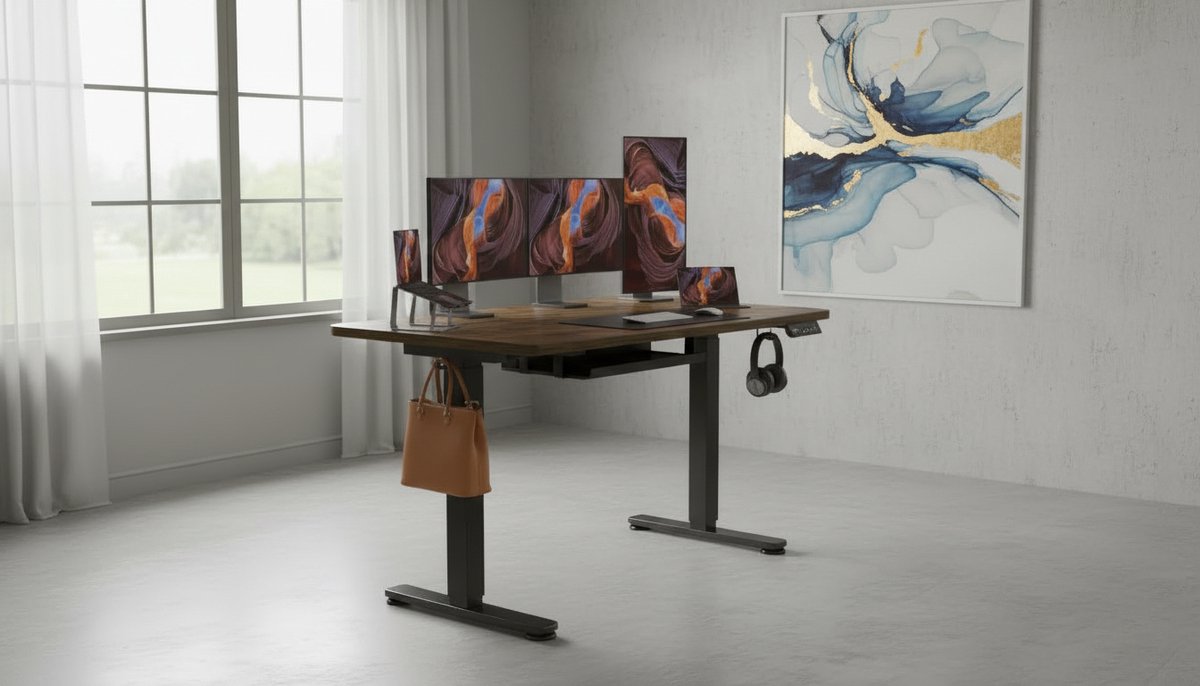 Elektrisch zit-sta bureau 140x70 cm – House&Garden Premium Ergonomisch Verstelbaar Bureau met 4 Geheugenstanden, Stille Motor <50 dB, 80 kg Draagvermogen, Mangohout Vintage Design Computer & Gaming Bureau voor Thuiswerk