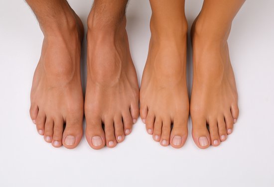 Twee paren voeten, één mannelijk en één vrouwelijk, met nette teennagels.