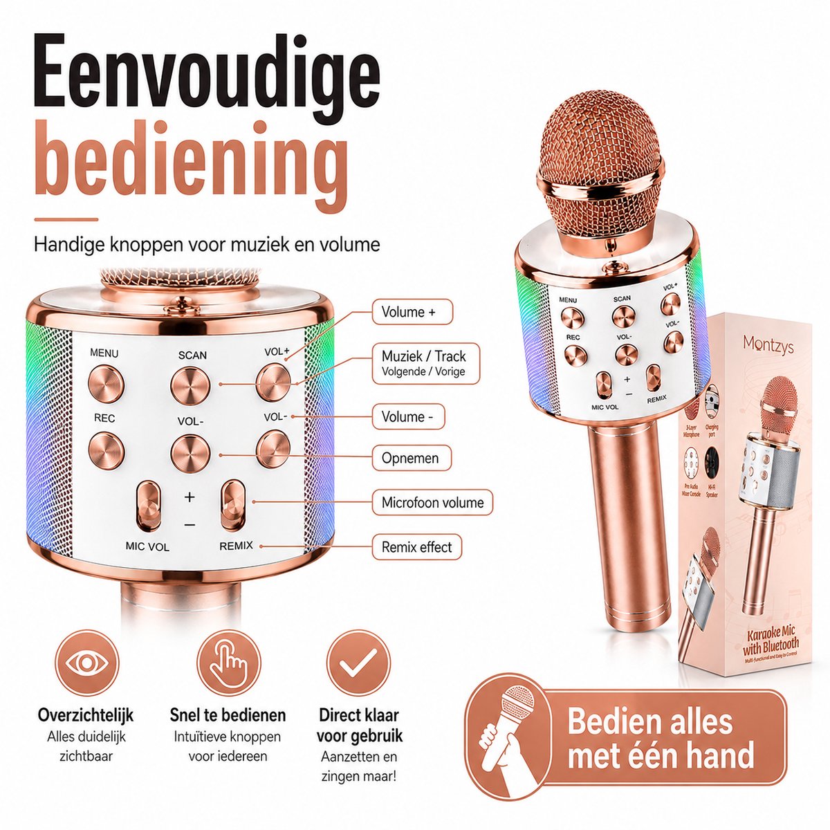 Montzys® Karaoke Microfoon Set - Bluetooth & Ingebouwde Speaker - Draadloos & LED - voor Kinderen & Volwassenen — cadeau in Gadgets - foto 3