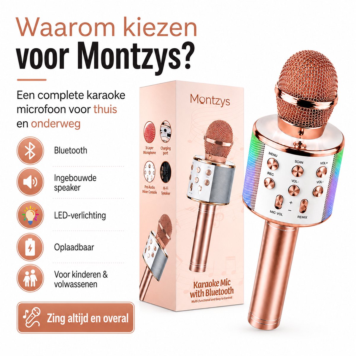 Montzys® Karaoke Microfoon Set - Bluetooth & Ingebouwde Speaker - Draadloos & LED - voor Kinderen & Volwassenen — cadeau in Gadgets - foto 4