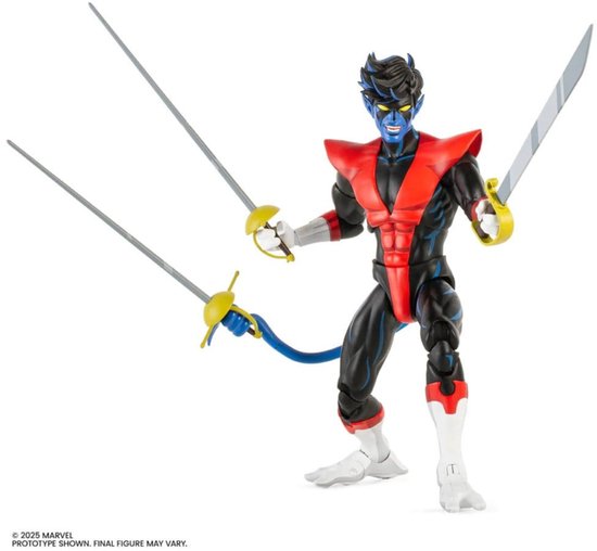 Actiefiguur met 2 zwaarden, blauwe huid, zwarte haren, rood-zwarte outfit en blauwe staart.