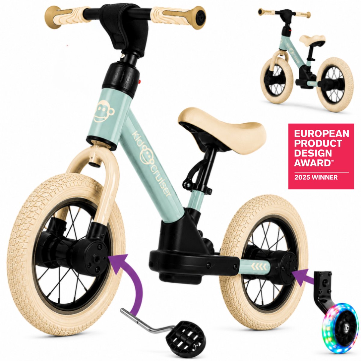 Kidcruiser Loopfiets 2+ jaar - Optioneel met LED Zijwieltjes & Trappers - 3-in-1 Kinderfiets - 12 inch – Zacht Groen & Creme wit – Modulair Design