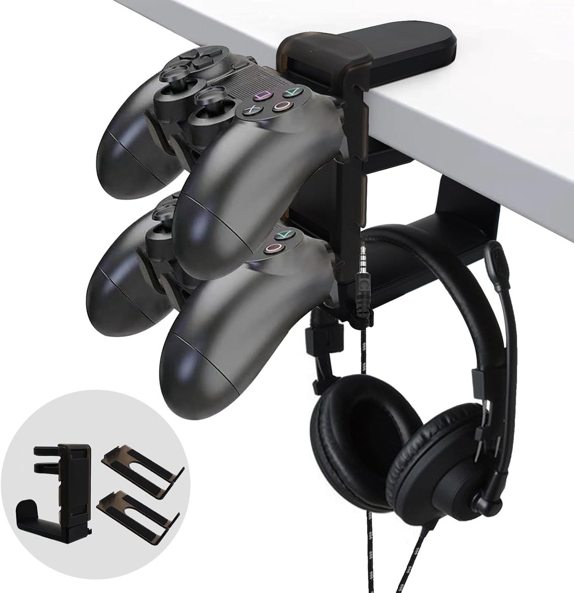 Gaming Hoofdtelefoon Hanger met Controller Houder, 360° Draaibaar Onder Bureau, Kabel Organizer en Universele Headset Bevestiging, Zwart