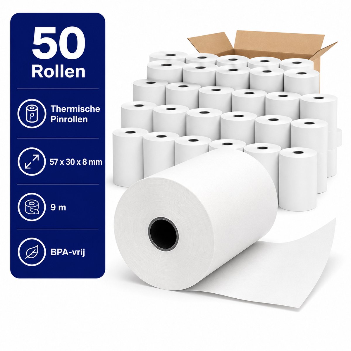 Thermische Pinrollen 57 x 30 x 8 mm – 9 Meter – 48 grams – BPA-vrij – Kassarollen / Bonrollen – Doos met 50 Rollen