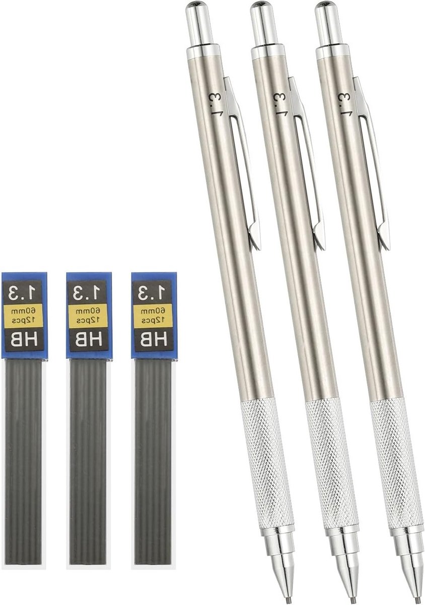 Mechanisch potloodset 1,3 mm met vullingen en metalen loodhouder voor tekenen, schetsen en markeren in zilver