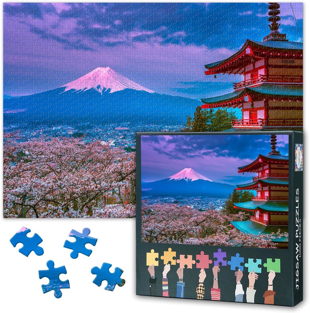Dailygoods - Puzzel 1000 Stuks - Rode Pagode en Kersenbloesem, 50 x 70 cm