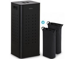 Rilenta Wasmand RVS - 2 Vakken 70L - Uitneembare Waszakken - Met Deksel - Wassorteerder - 2x 35L Compartimenten - Smalle Dubbele Wasmand - Zwart