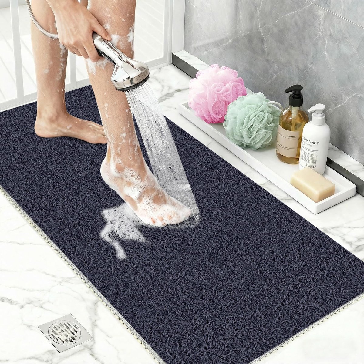 Dailygoods - Zachte Loofah Douchemat Antislip - Sneldrogende PVC Badmat Blauw 40x80cm