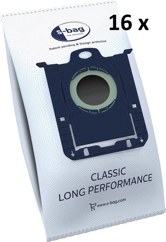 16 S-bag CLASSIC LONG PERFORMANCE stofzuigerzakken met blauwe houder.