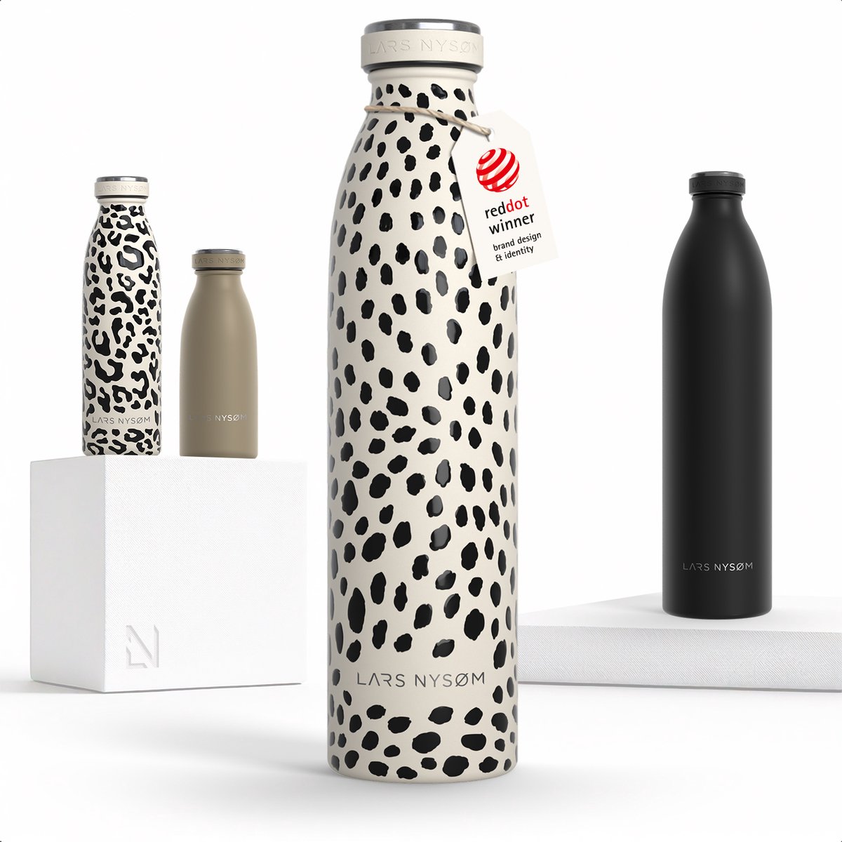 LARS NYSØM Ren Roestvrijstalen drinkfles 750ml - BPA-vrije geïsoleerde waterfles 0,75 Liter (Cream Beige/Abstract/Gloss Black)