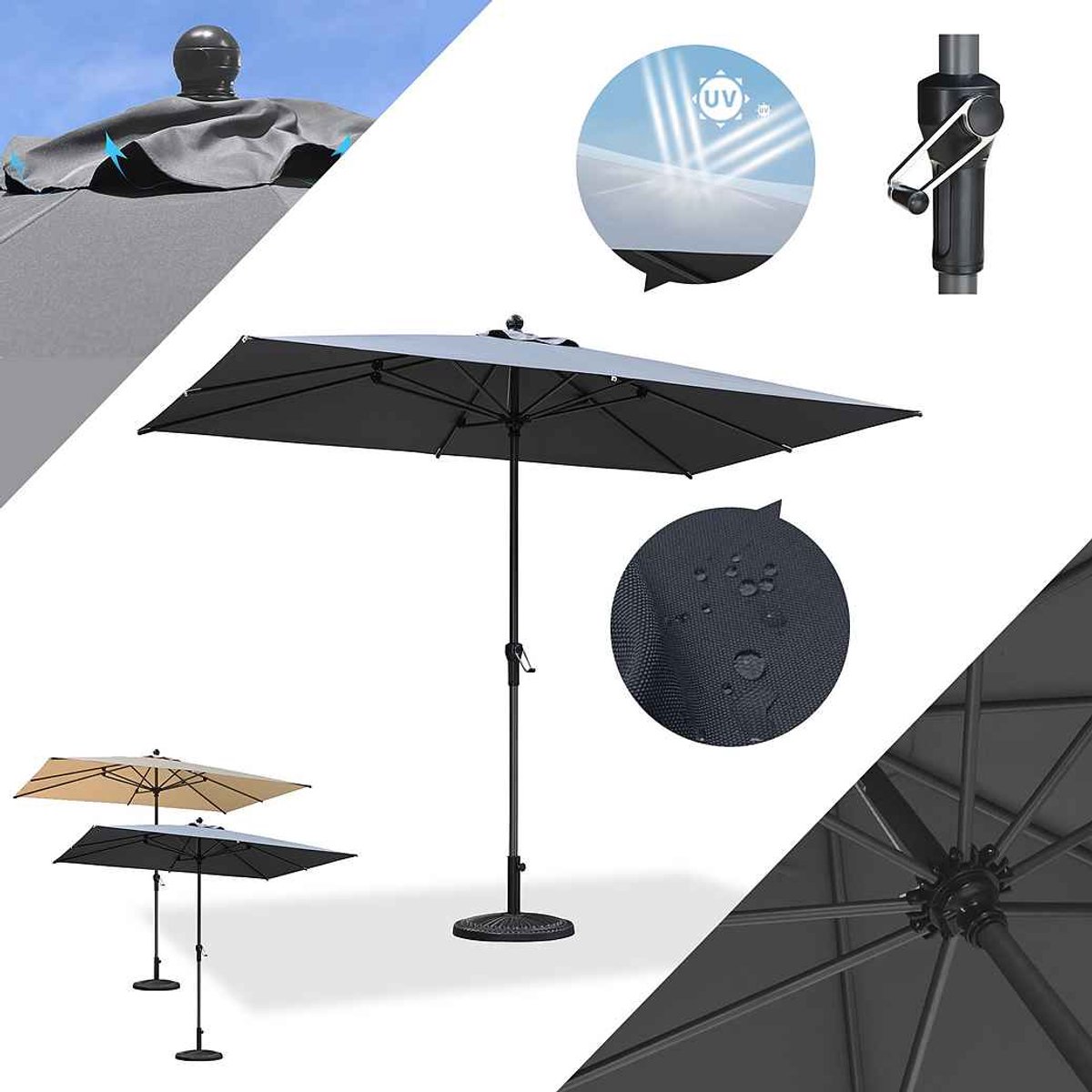 PURPLE LEAF rechthoekige parasol — parasol met centrale paal, geschikt voor gebruik op het balkon of terras — 275 × 335 cm — grijs — UV50+