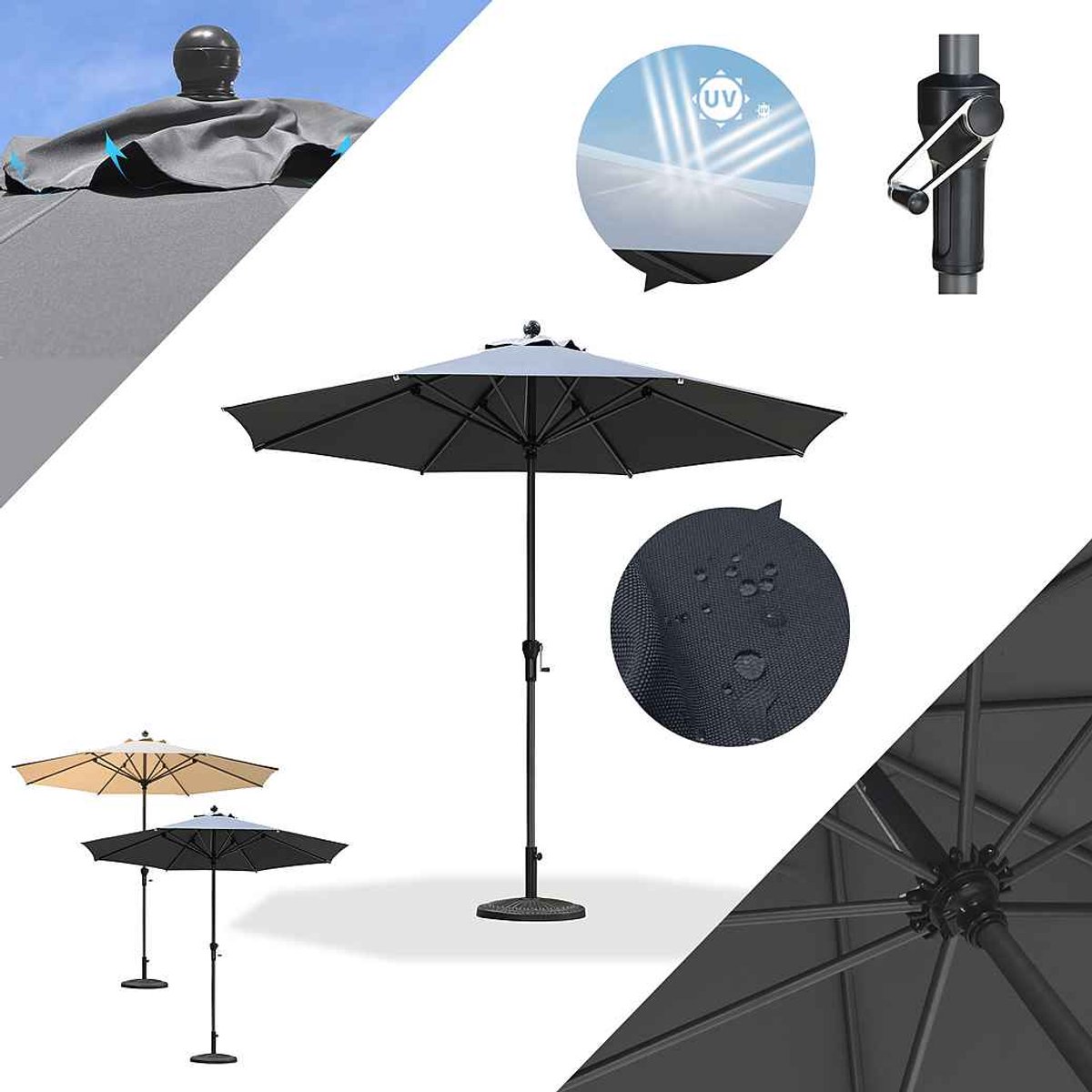 PURPLE LEAF ronde parasol — parasol met centrale paal, geschikt voor gebruik op het balkon of terras — 335 cm — grijs — UV50+