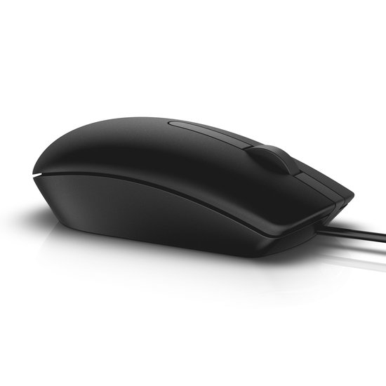 Souris optique Dell noire filaire, vue de côté.