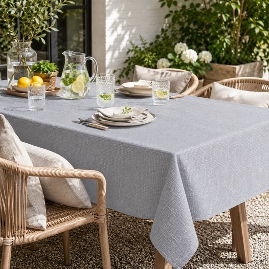 Nappe Benza aspect lin gris clair 180 x 130 cm – Nappe en polyester hydrofuge – Motif diamant – Lavable