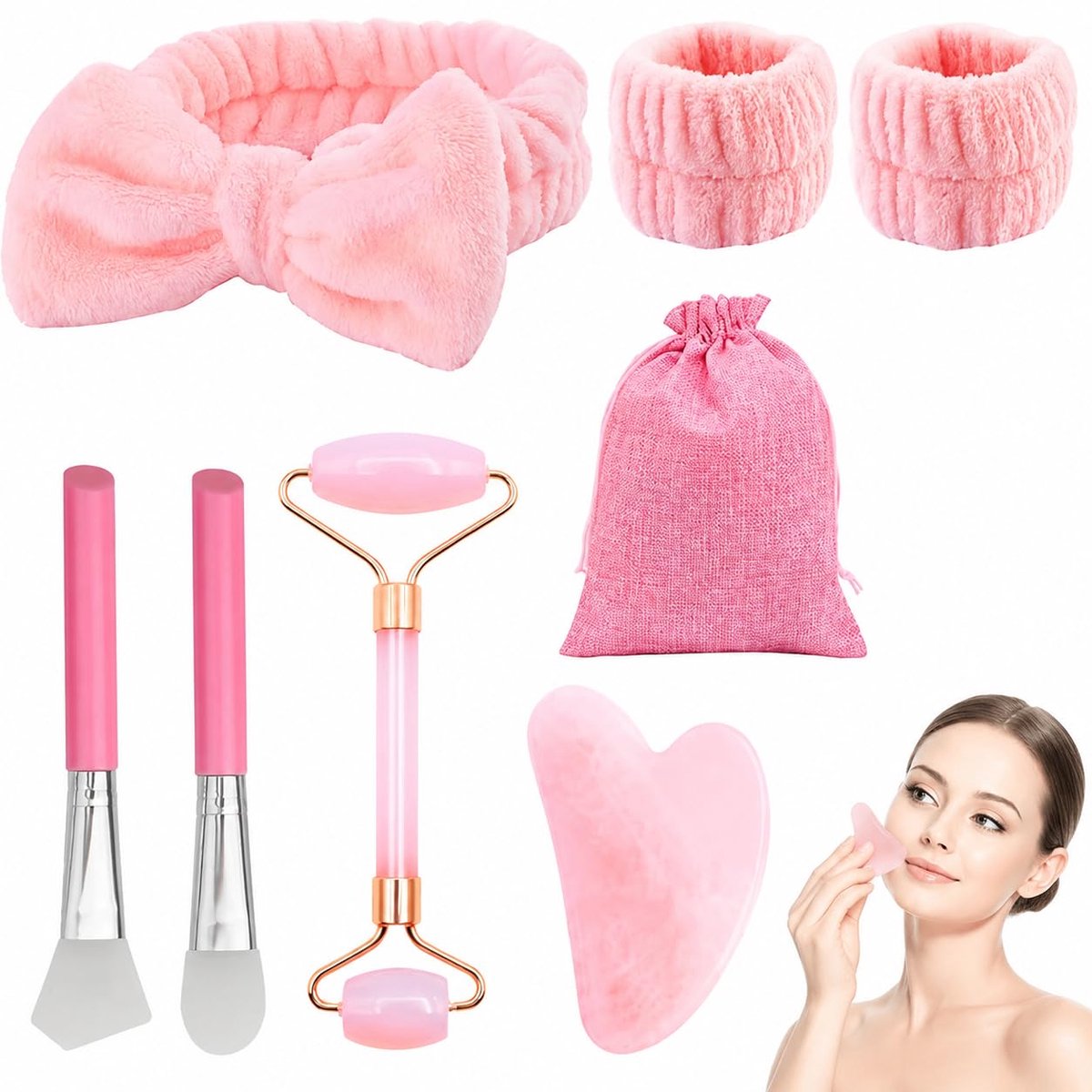 Sha gezichtsroller set – 7-delige huidverzorgingsset – jade roller en schraper – gezichtsmassage tool voor anti-aging – roze spa accessoire cadeau voor vrouwen
