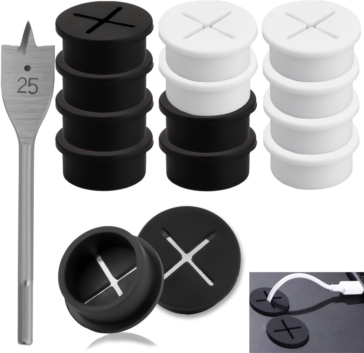 Kabeldoorvoer, 12 stuks, 25 mm, flexibele siliconen tafel, kabeldoorvoer voor bureau, zwart en wit