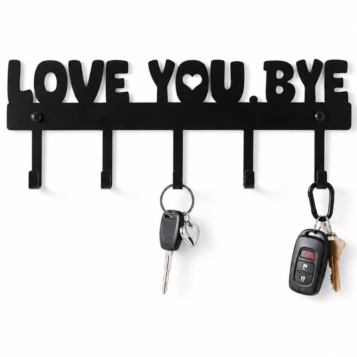Sleutelhouder voor wandmontage "Love You.Bye" metalen muurkunst sleutelhouder zwarte entree sleutelhanger organizer met 5 haken (10 x 4 inch)