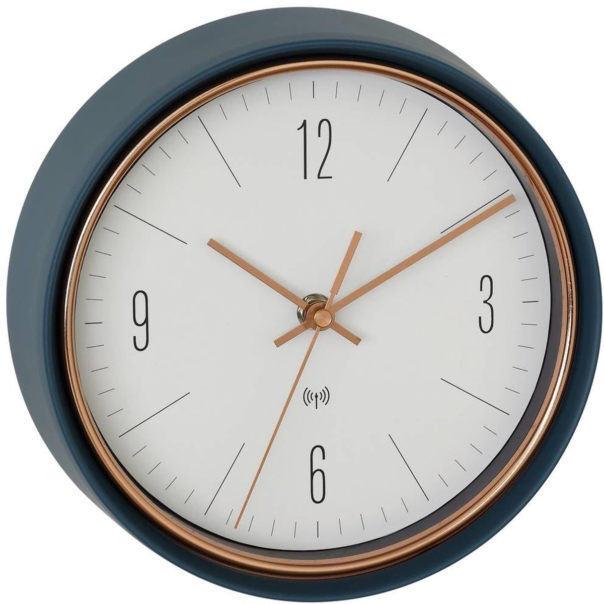 Wandklok, 60.3547.20, design wandklok met hoge precisie, koperkleurige wijzers, metalen frame petrol-groen, ø 233 mm