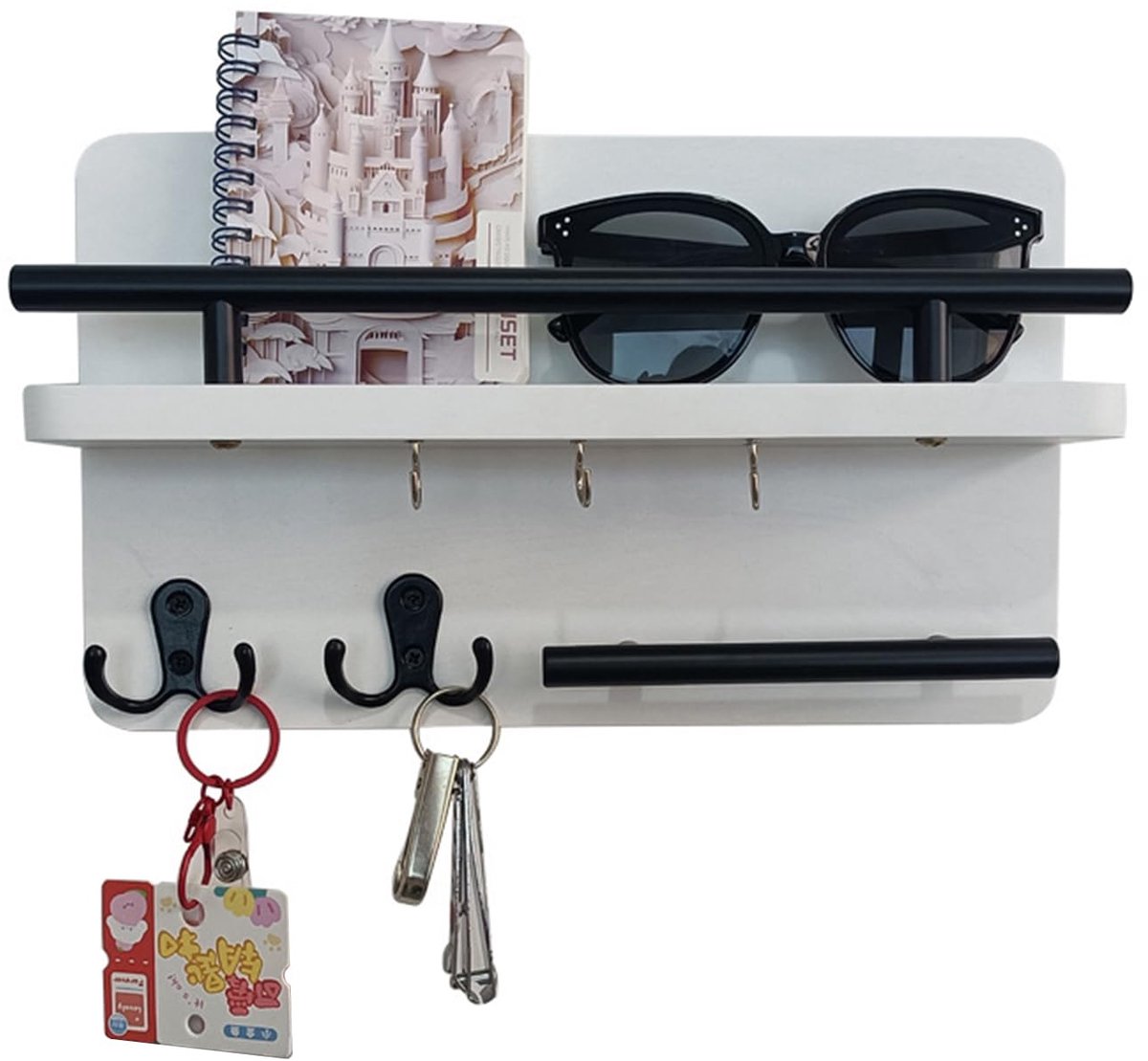 Sleutelrek met 5 haken en opbergplank, sleutelrekken met brievenorganizer, geschikt voor ingang, woonkamer, gang, kantoor, keuken (wit)