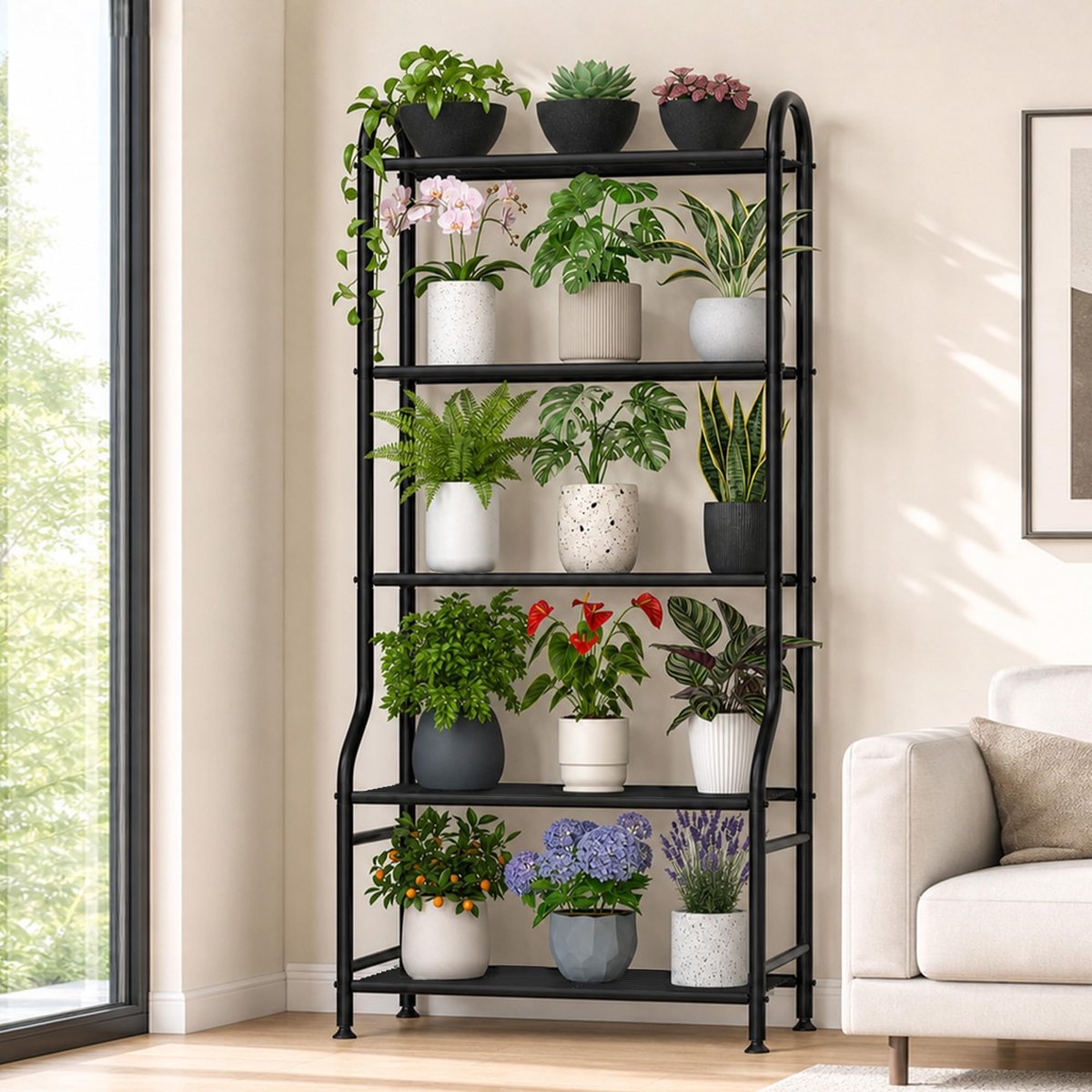 plantenstandaard met 5 niveaus, waterdichte voor meerdere potten, robuust voor woonkamer, terras en tuindecoratie