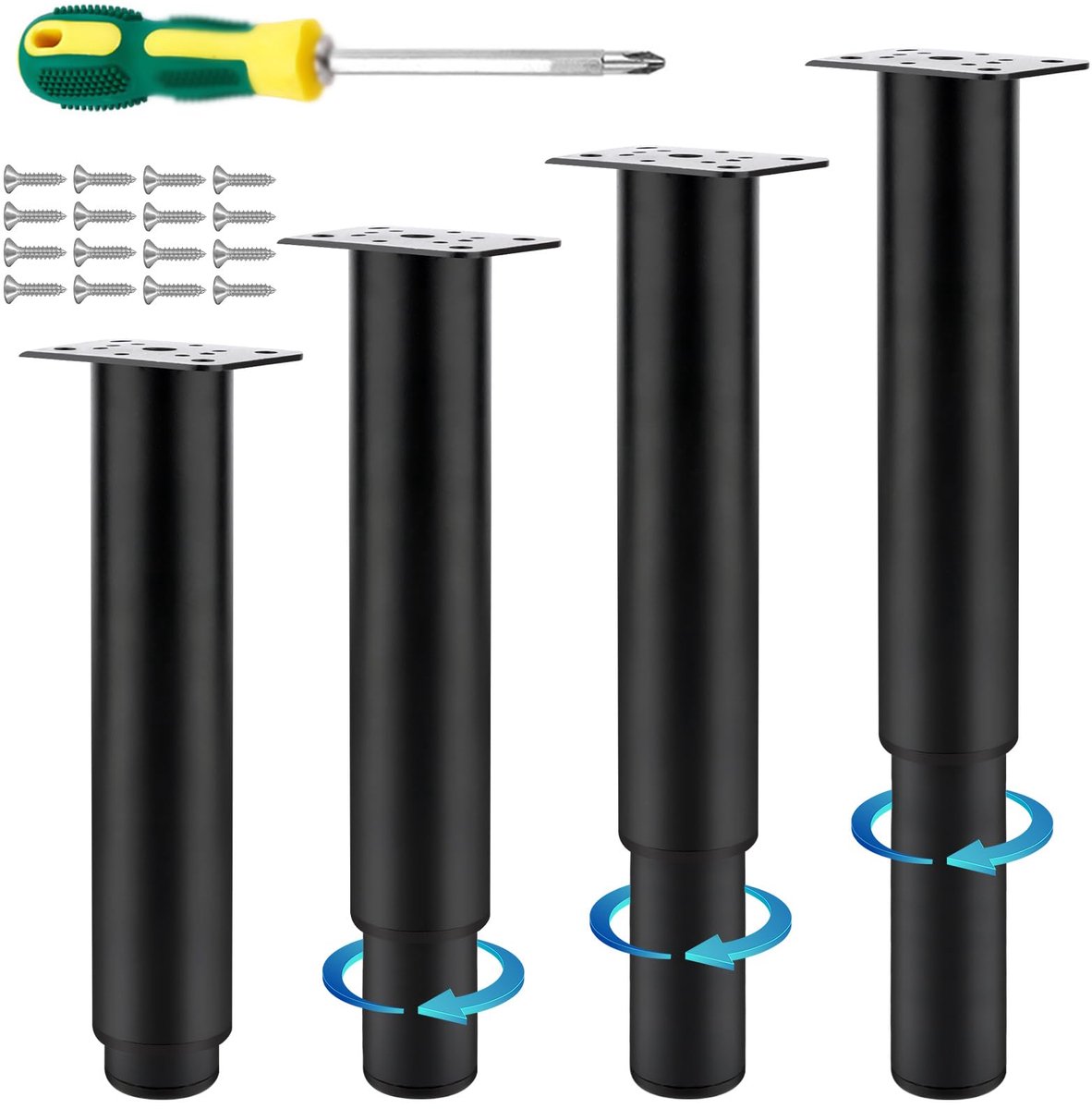 Set van 4 meubelpoten, bankpoten, tafelpoten, metalen meubelpoten, in hoogte verstelbaar, kastpoten (20-37 cm), 18 schroeven + schroevendraaier, stoelpoten