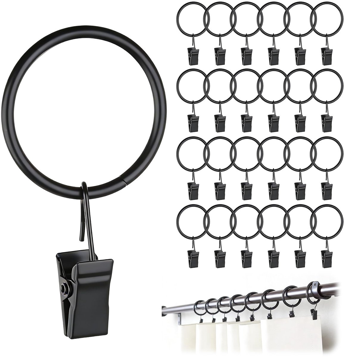 Gordijnringen met clips, zwart, gordijnringen om te openen, Ø 38 mm, gordijnringen voor roedes tot 34 mm, metalen gordijnclips en gordijnringen met haken voor ramen en douches