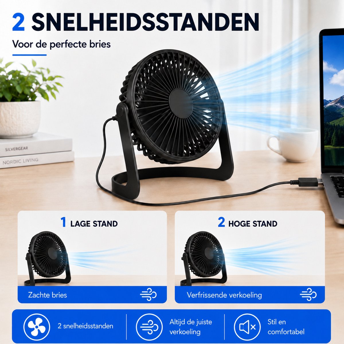 Bureau Ventilator - Zuinige Tafelventilator - Kleine USB Ventilator - Mini Bureauventilator - Kantelbare Statiefventilator - Compacte USB-C Fan - Tafelventilator Geluidloos - Bureau Airco - Desk Fan - Deskventilator - Zwart - Silvergear — afbeelding 6