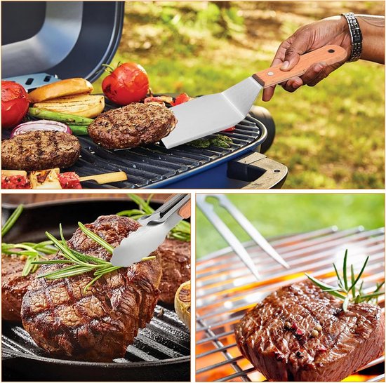 Spatels, RVS BBQ Spatel Set met Tang en Vleesvork, Grillspatel met Houten Handvat, Grillschraper en Barbecuegereedschap voor Buitenbarbecue — afbeelding 4