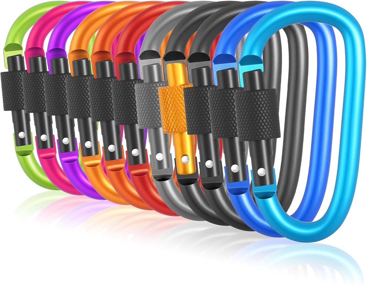 Karabijnhaken met schroefsluiting, set van 11 stuks sleutelhangers, D-vormige karabijnhaken, aluminium, multifunctionele karabijnhaken voor kamperen, wandelen of reizen (11 kleuren)