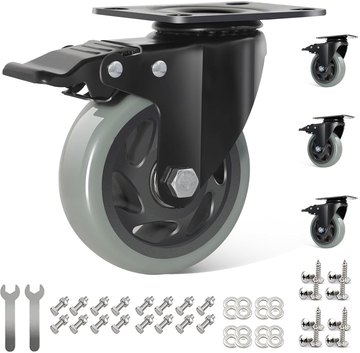 Zwenkwielen voor meubels met rem, 100 mm, met montageaccessoires, 360 graden draaibaar, tot 600 kg, zware belasting met rem, voor binnen en buiten