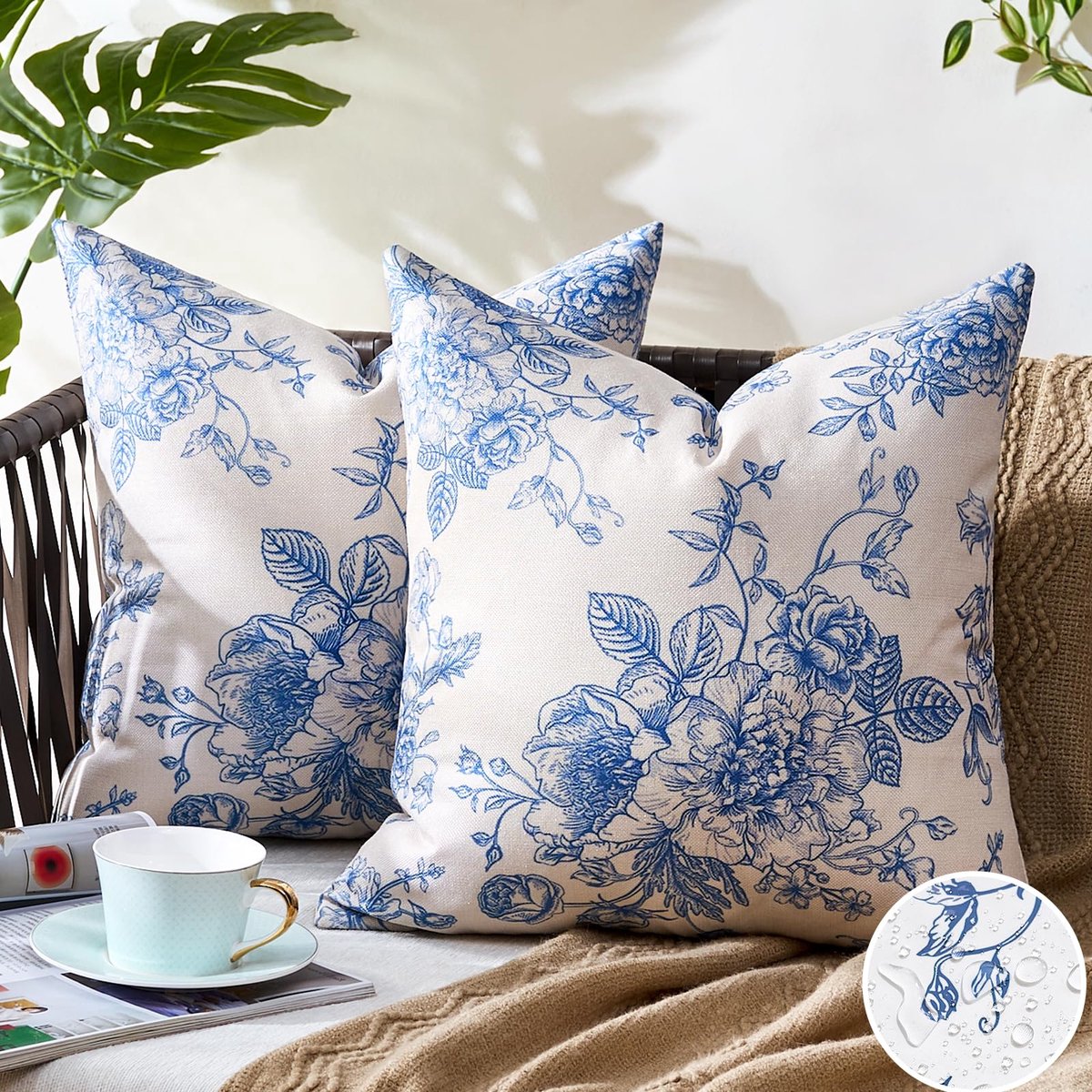 50 x 50 cm, 2 stuks, linnen, blauw-witte bloem, decoratieve kussenhoezen, vintage decoratieve kussenhoezen, chinoiserie, outdoor kussens voor bank, bed, bank, stoel, auto
