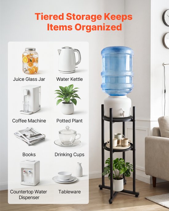 VEVOR Waterkanhouder, 2 Lagen, voor 1 Fles, Waterkanrek met Verwijderbaar Schap, Waterdispenserrek, Waterflessenrek, Watercontainerrek, voor Keuken, Kantoor, Woonkamer, Zwart — afbeelding 4