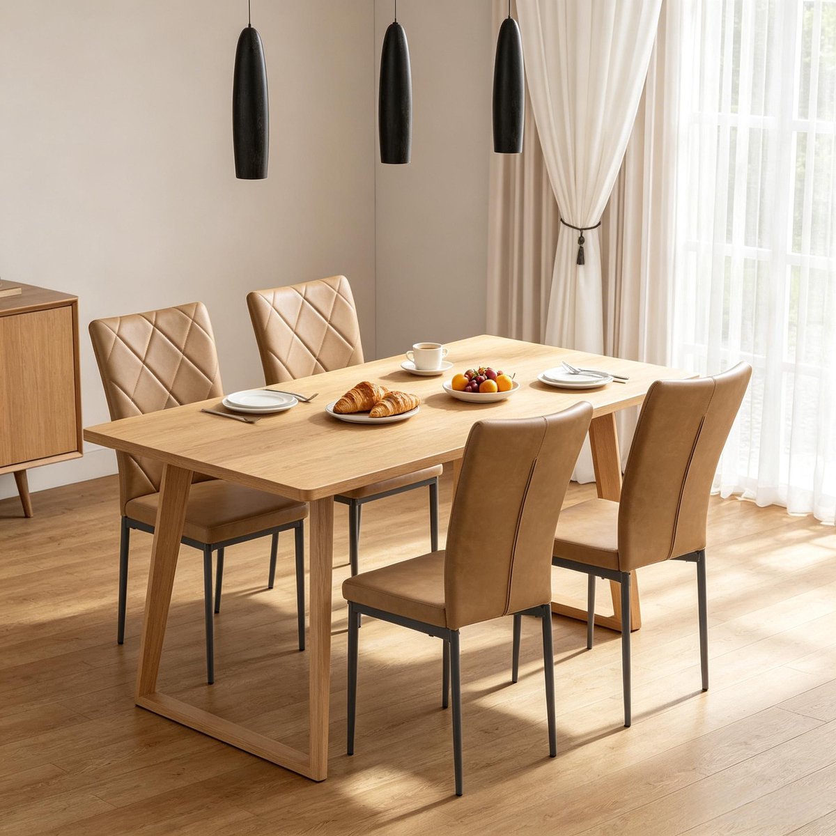 HAUSS SPOLE Eetkamerstoel - Set Van 4 - Hoge Rug Met Gewatteerde Zitting - Voor Eetkamer En Woonkamer - Kunstleer En Metaal - Bruin