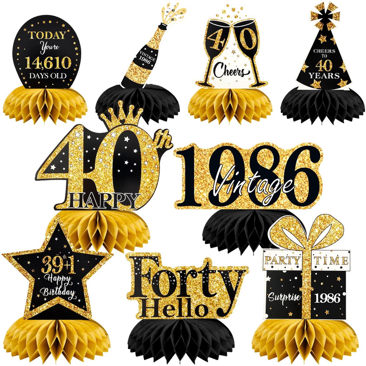 40e verjaardag tafeldecoratie zwart goud, 9 stuks honingraat decoratie tafelopzetstukken set, 40e verjaardag decoratie voor mannen en vrouwen, tafeldecoratie voor 40e jaar