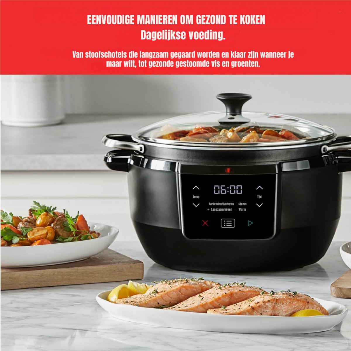 Slowcooker Met Timer - Multicooker - Slowcooker - Zwart - 39cm x 26cm x 35cm – foto 4