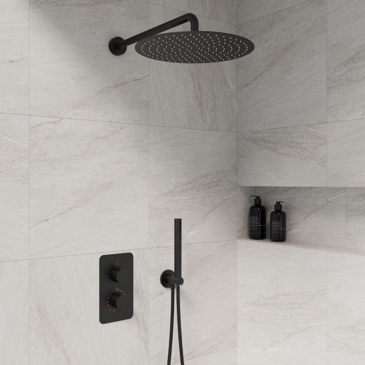 Complete inbouwdouche Sanitado Flack Lacora met 30cm stortdouche en handdouche in mat zwart