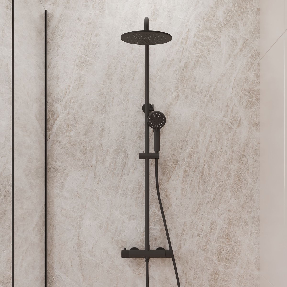 Complete thermostatische regendouche rond Sanitado Flack in mat zwart