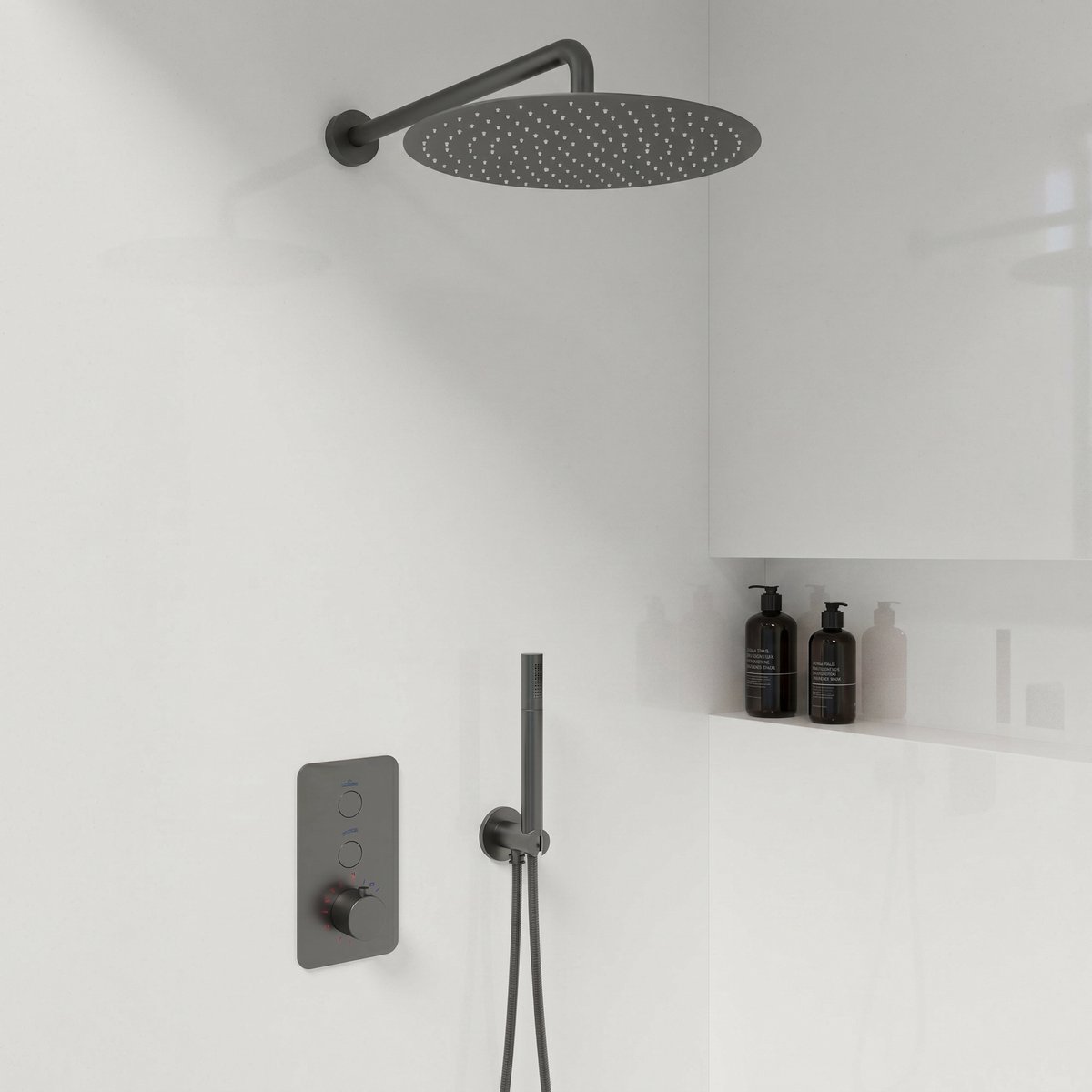 Complete inbouwdouche Sanitado Foya Click met 30cm stortdouche en handdouche in gunmetal