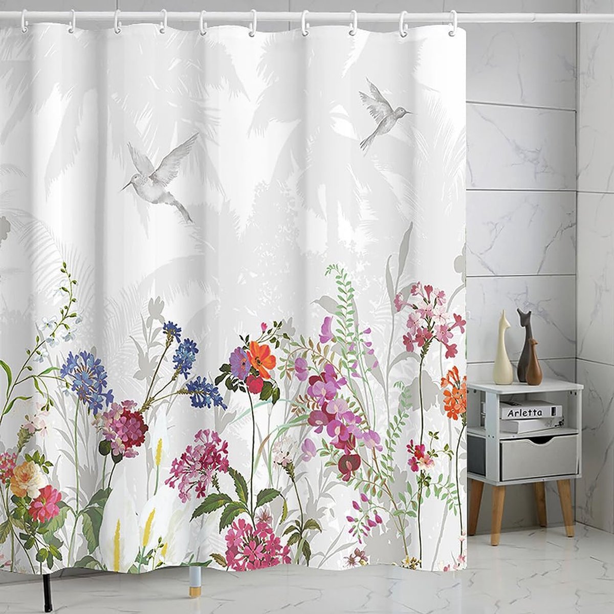 Douchegordijn, douchegordijn, 180 x 180 cm, met 12 haken, bloemendoucheplant, waterdicht, schimmelbestendig, droge en natte scheiding (C)