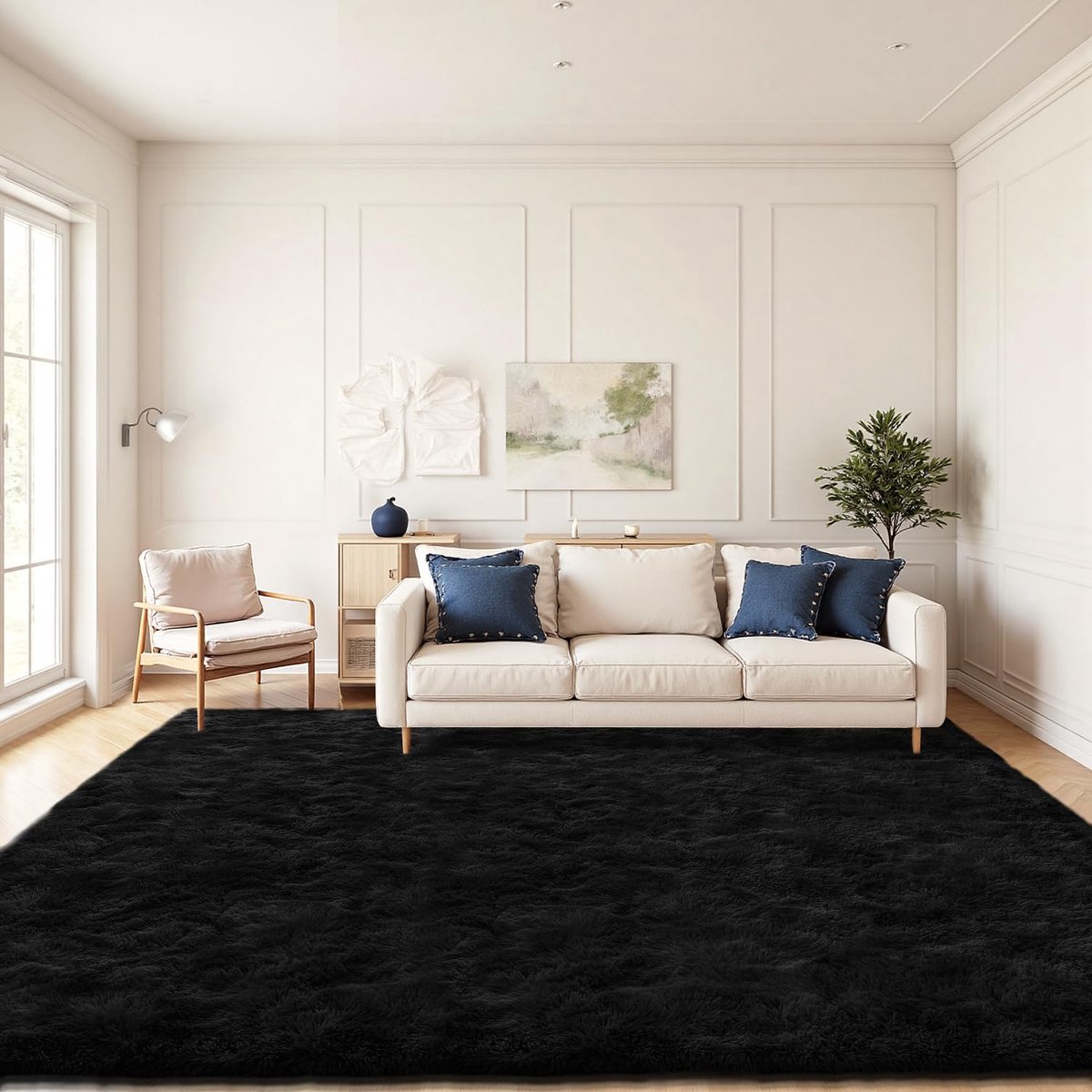 Hoogpolig Woonkamer Tapijt, Zacht en Wasbaar, Antislip, Modern Tapijt voor Slaapkamer, Kantoor, Eetkamer, Kinderkamer en Speelkamer, 200x290 cm, Zwart
