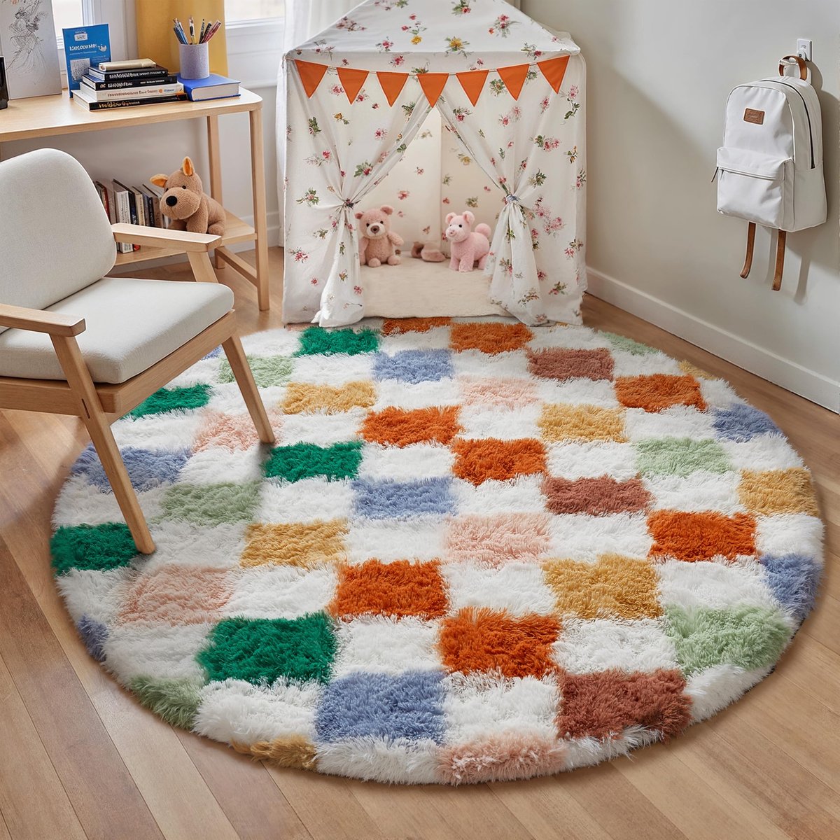 Geblokt pluche tapijt rond 150 cm tapijten multicolor wit shaggy antislip kinderkamer meisjes jongens tapijt bedkleed slaapkamer hoogpolig zacht ronde tapijten